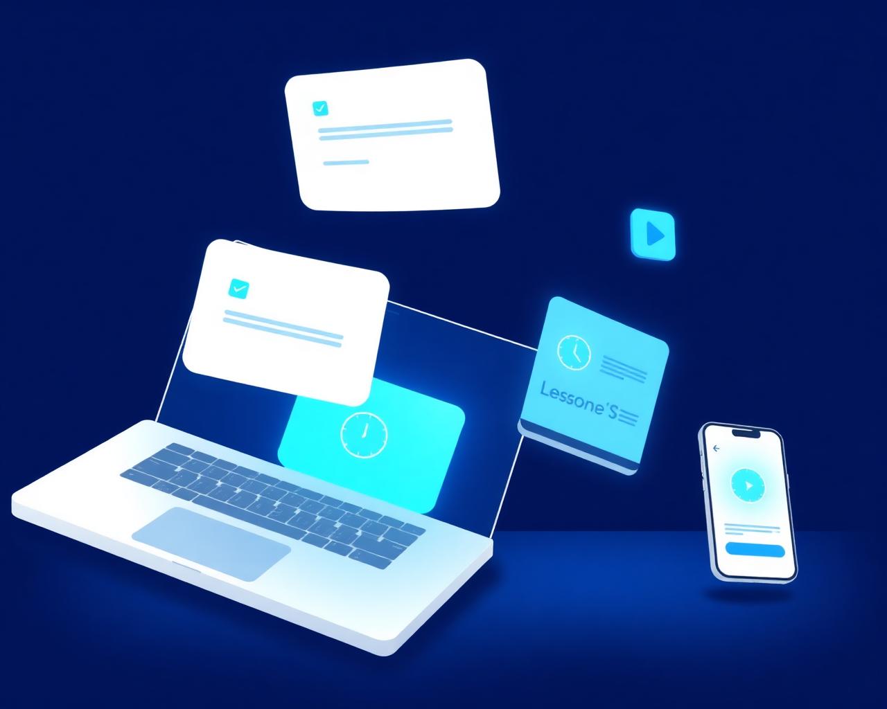 Illustration of lessons playing across laptop, tablet, and phone